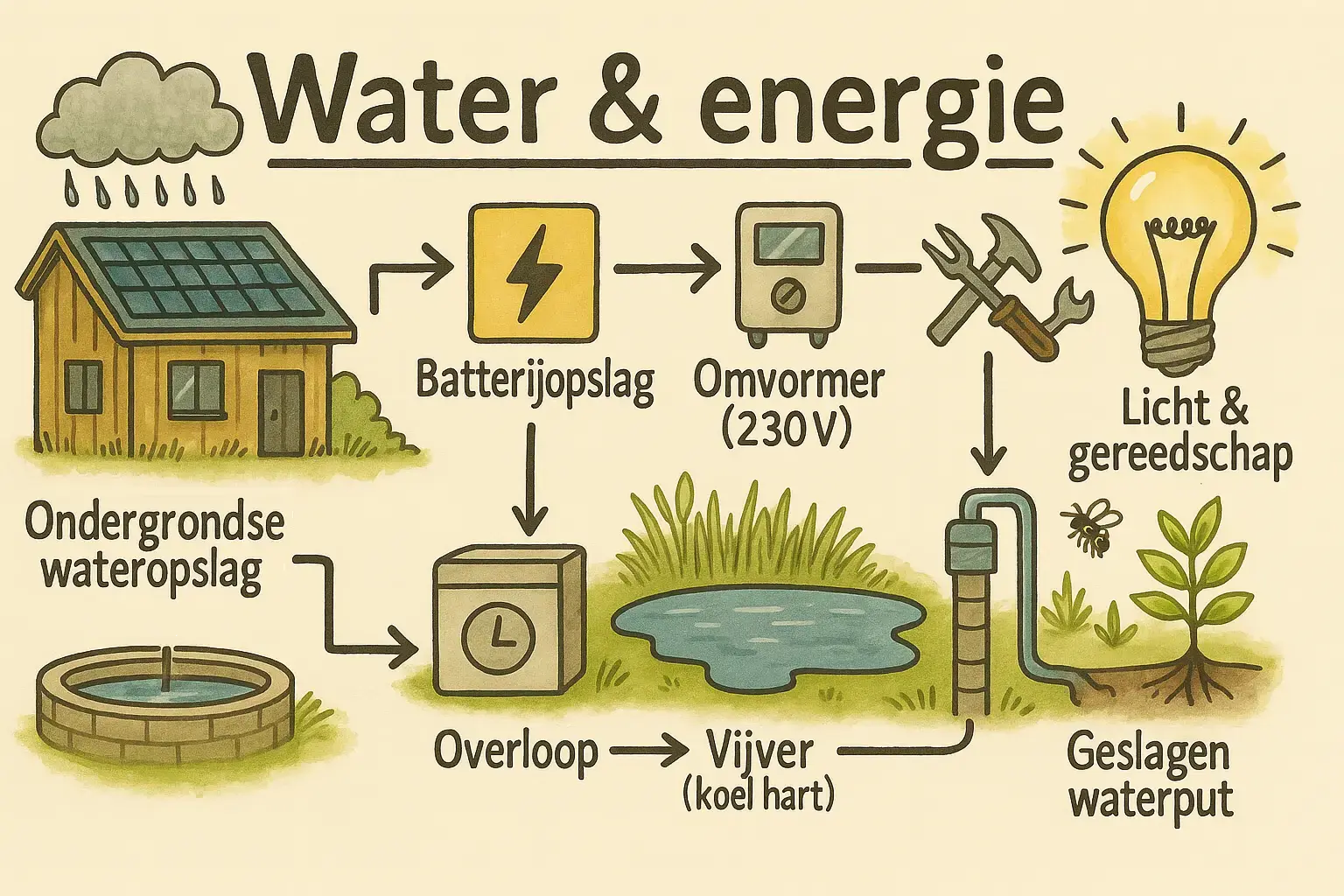 Zonnepanelen → batterijopslag → omvormer → licht & gereedschap; regen → ondergrondse opslag → overflow vijver; geslagen waterput met pomp