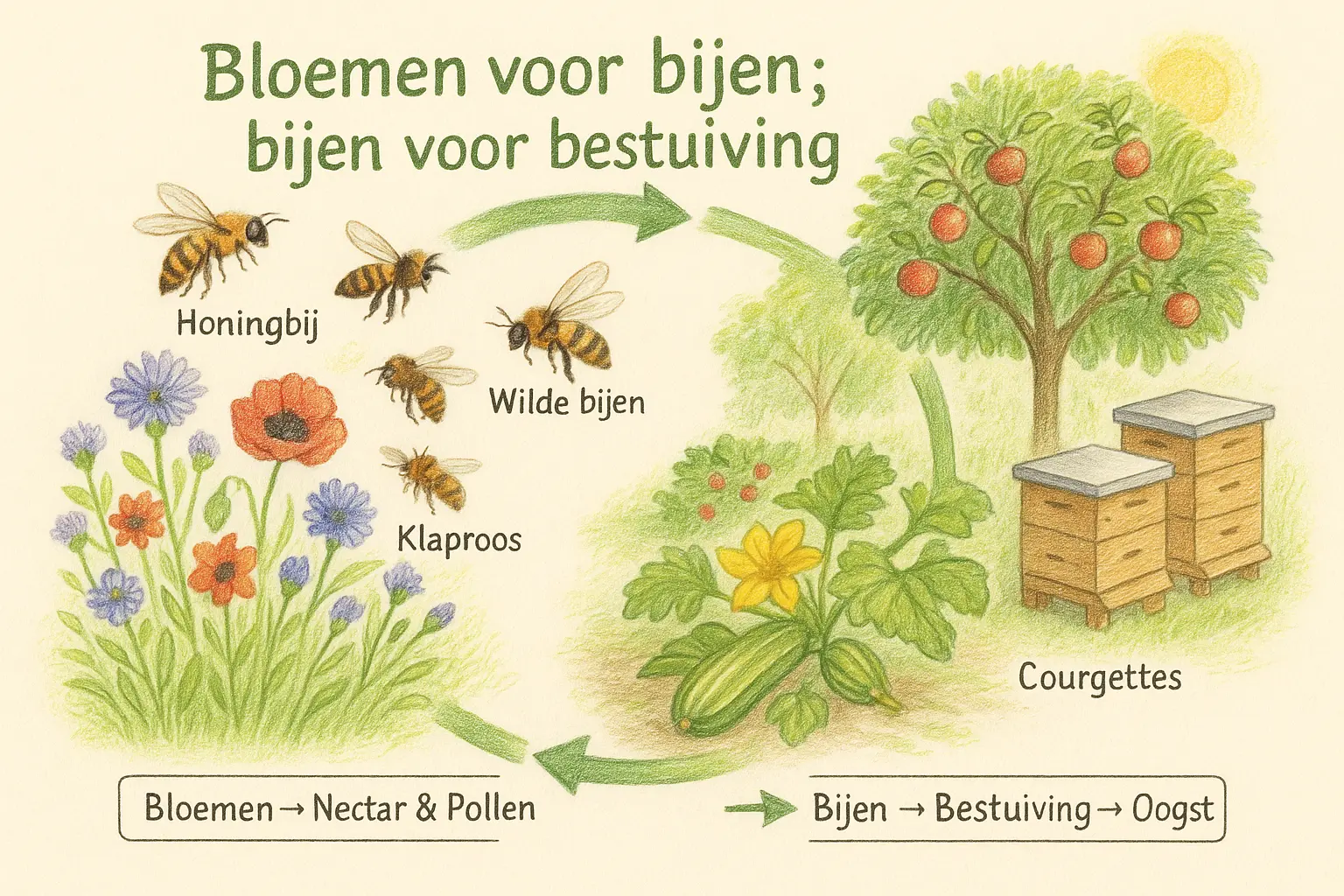 Potloodtekening van bloemen met bijen die voor bestuiving zorgen