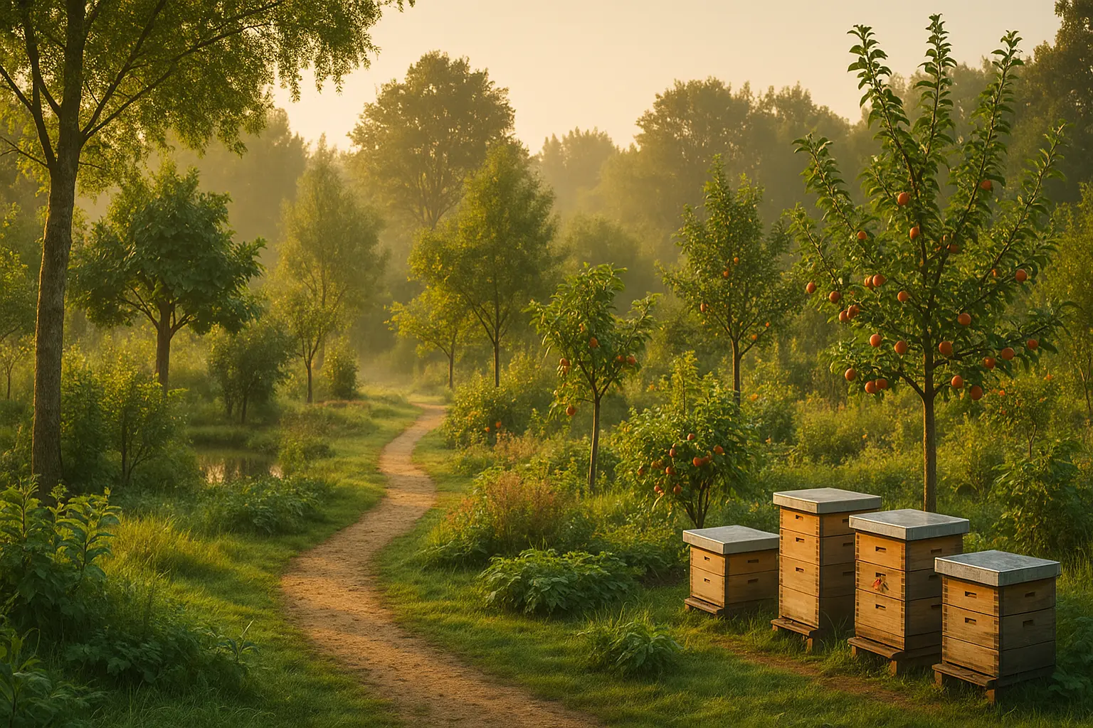 Breed potloodpanorama van het voedselbos: gelaagde beplanting en bloei voor bestuivende insecten